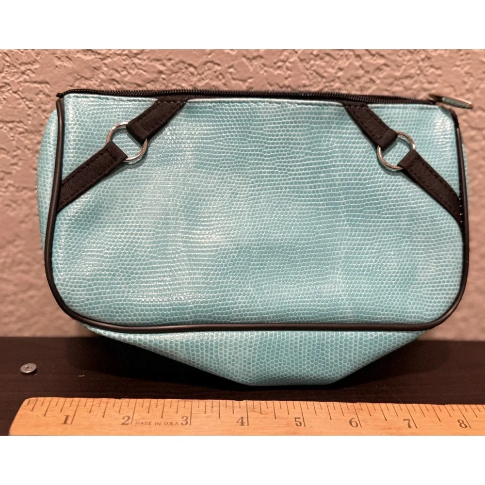 New LANCOME Cosmetic Bag Clutch Travel Bag Turquoise Snake Embossed Faux Leather